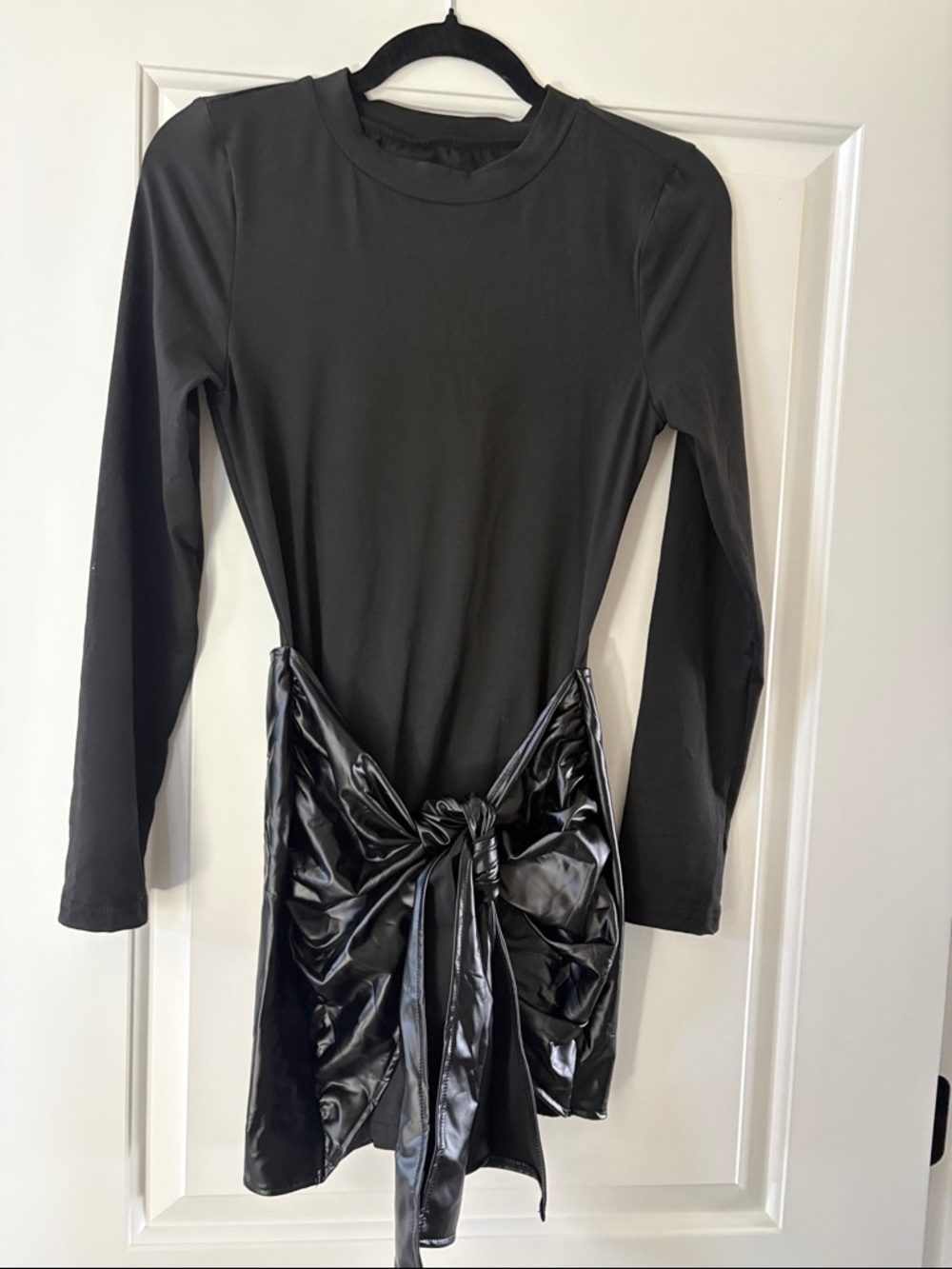 Sexy Black Long Sleeve Dress with Faux Leather Wrap Front Detail at Waist